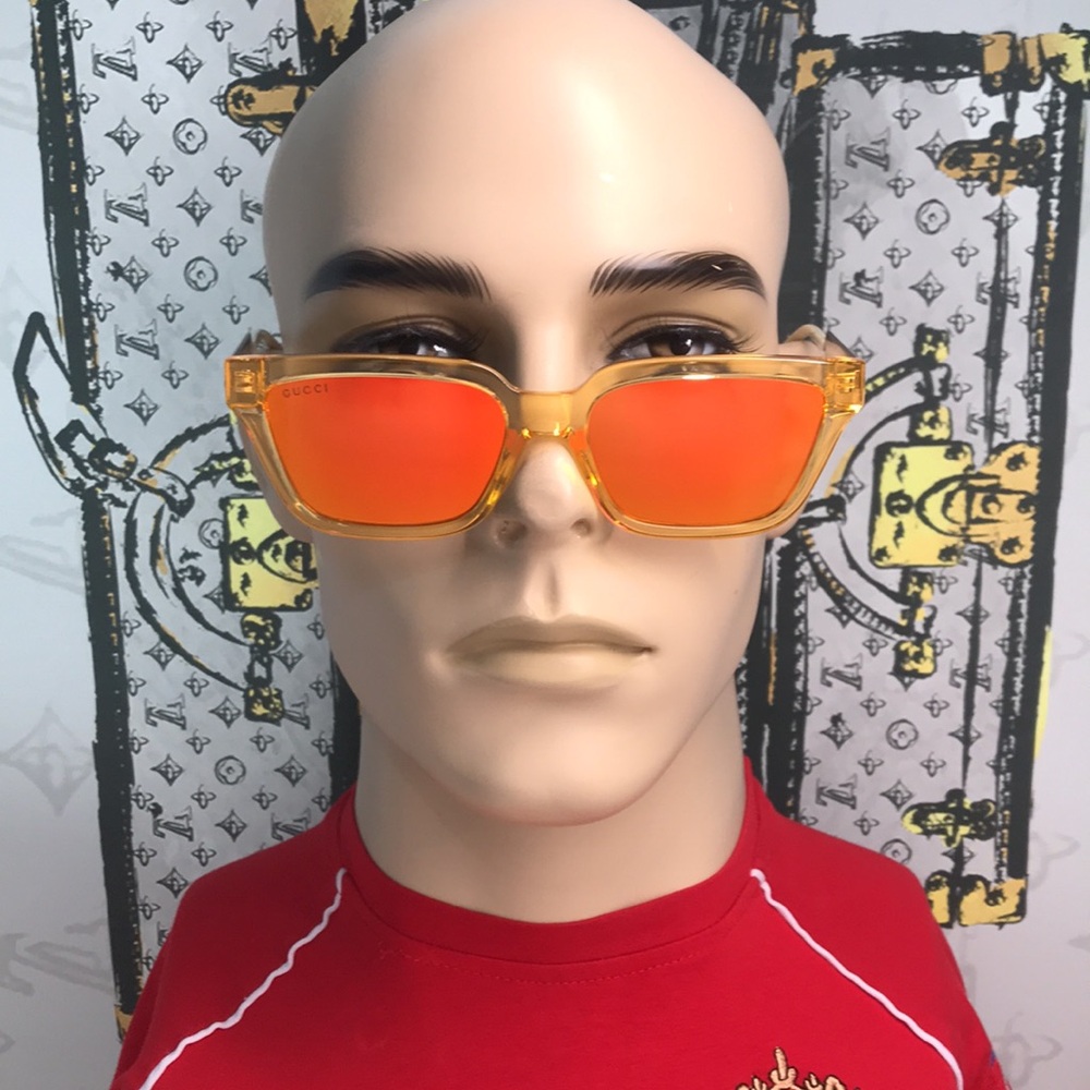 💯 - New  Authentic Gucci Orange Mirror Rectangular Men's Sunglasses GG0975S …